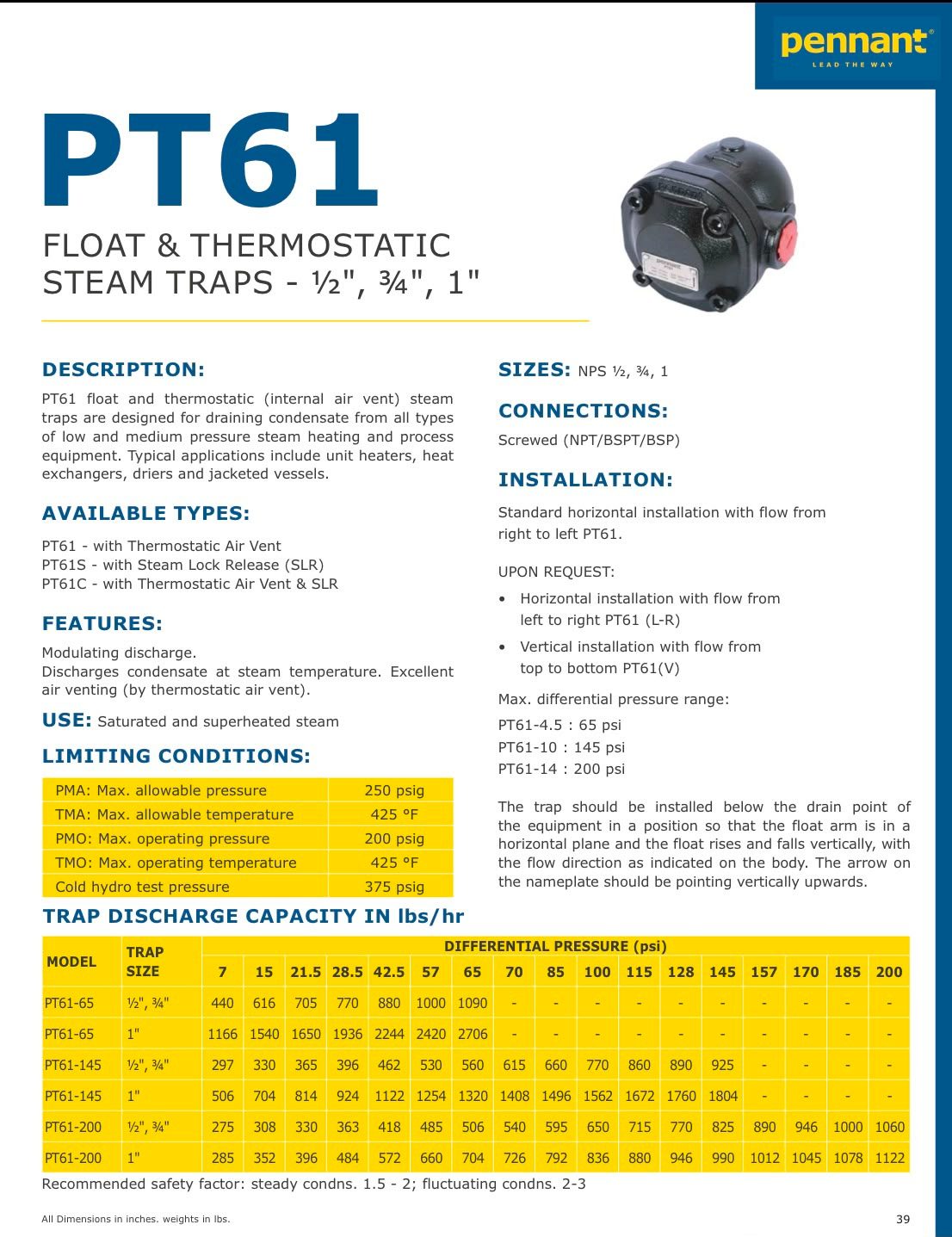 Pennant PT61 Float & Thermostatic Steam Trap